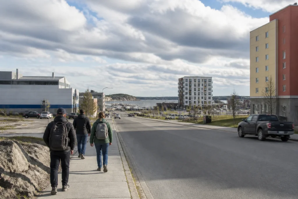 Travelers walking through central Yellowknife during the day