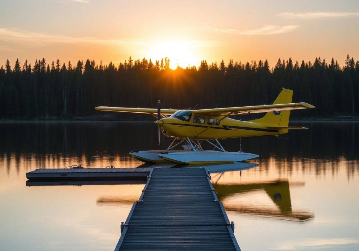 Yellow floatplane on a calm northern lake at sunset