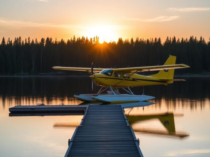 Yellow floatplane on a calm northern lake at sunset