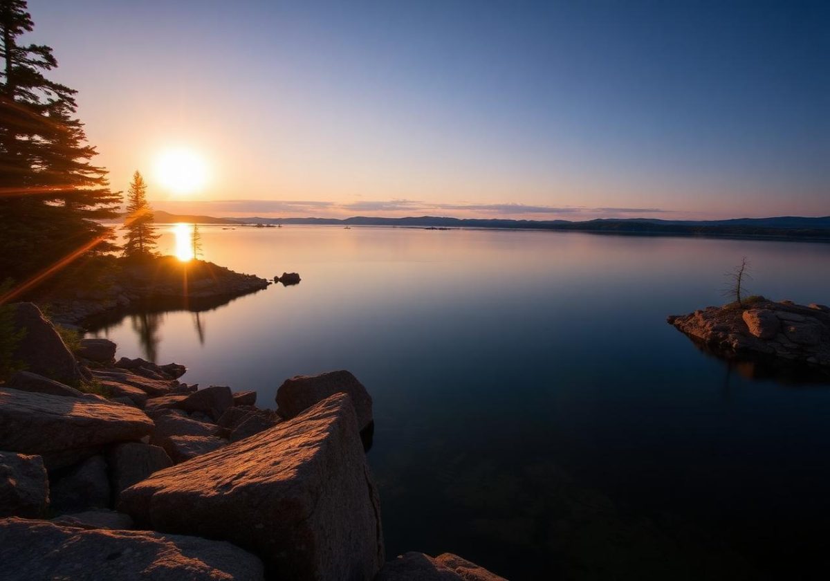 Great Slave Lake at golden hour with rocky shore and spruce trees