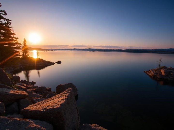 Great Slave Lake at golden hour with rocky shore and spruce trees