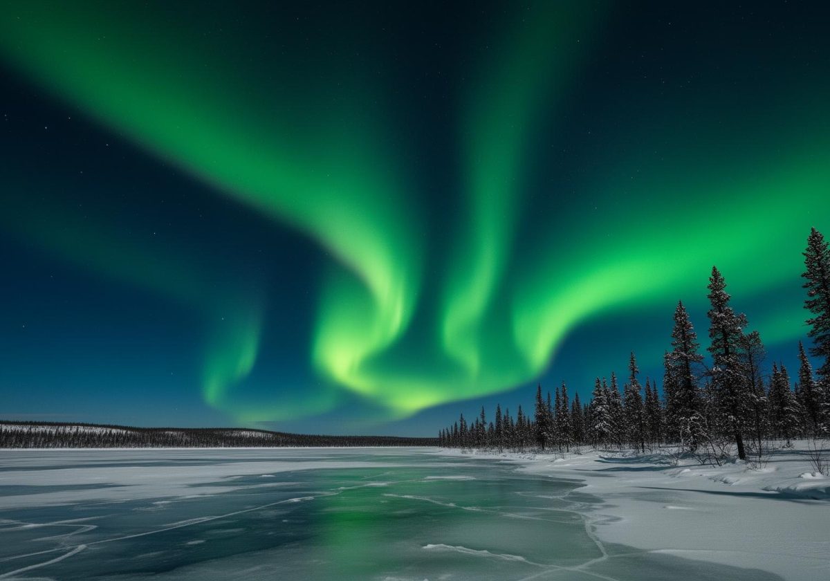 Green aurora borealis over a frozen lake near Yellowknife