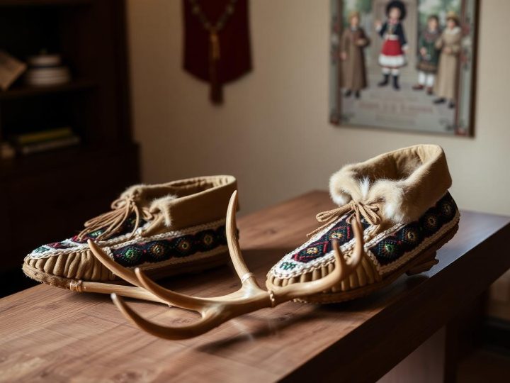 Detailed northern beadwork displayed on a wooden surface