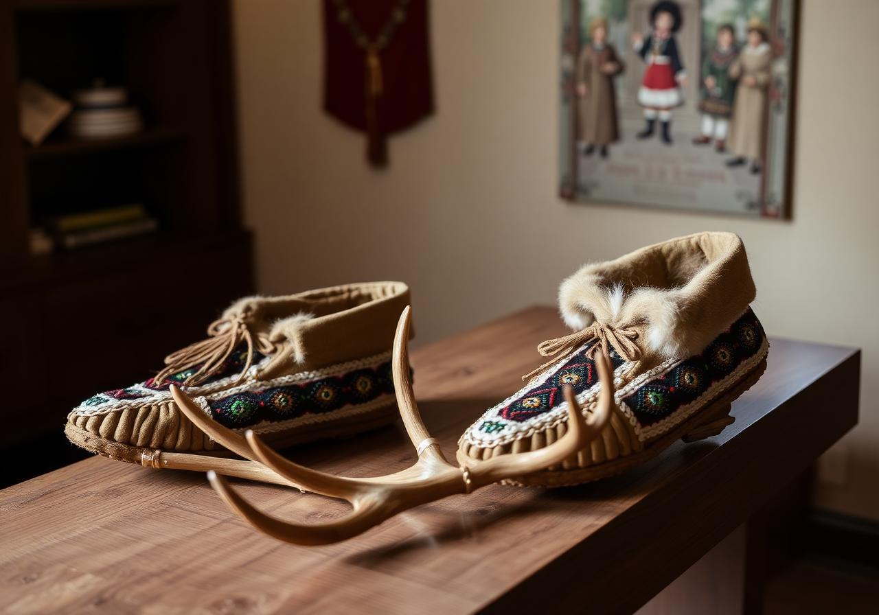 Detailed northern beadwork displayed on a wooden surface