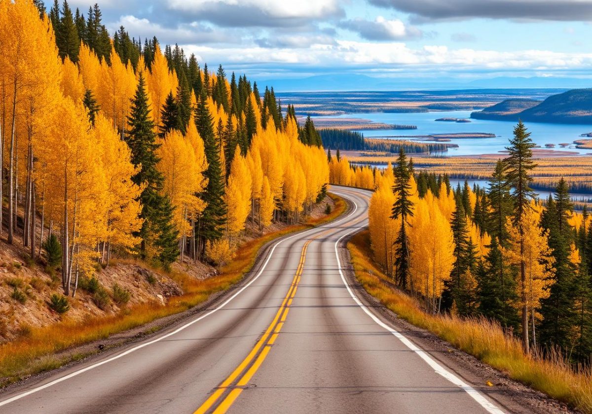Ingraham Trail winding through autumn forest outside Yellowknife