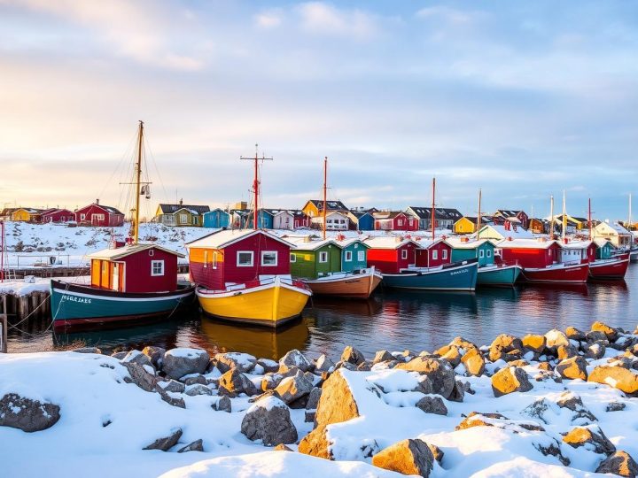 Colourful houseboats on Yellowknife Bay beside Old Town in winter