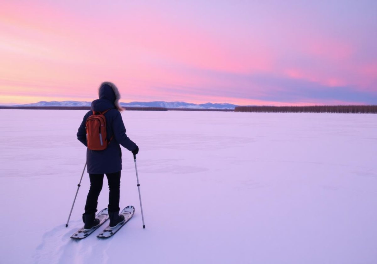 Snowshoer crossing a frozen lake near Yellowknife at sunset