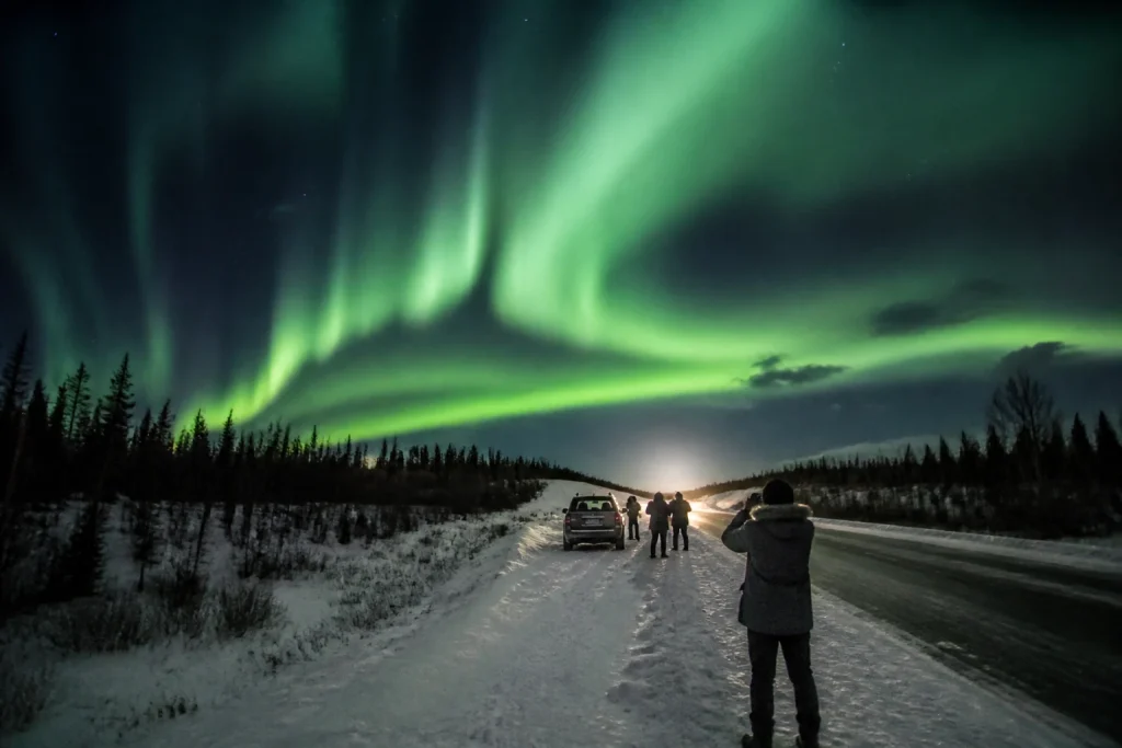 Aurora above a safe viewing area along the Ingraham Trail near Yellowknife