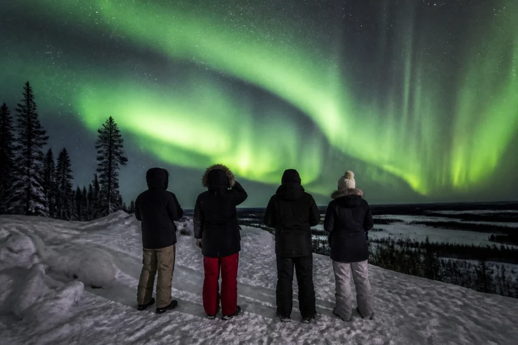 Visitors wearing insulated winter clothing while viewing the aurora near Yellowknife