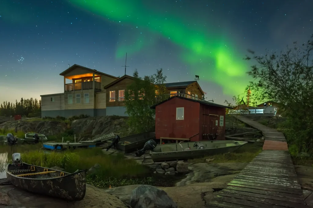 Northern lights above the Yellowknife landscape during the fall viewing season